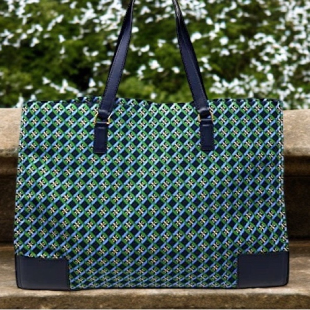Tory Burch Women's Ella Nylon Printed Tote Navy Multi Geo Logo Bag - Picture 3 of 6